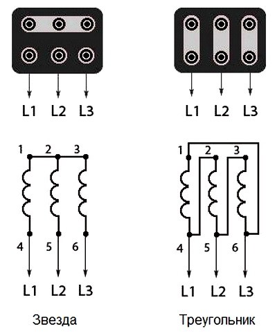 Схема соединения обмоток электродвигателя треугольником и звездой
