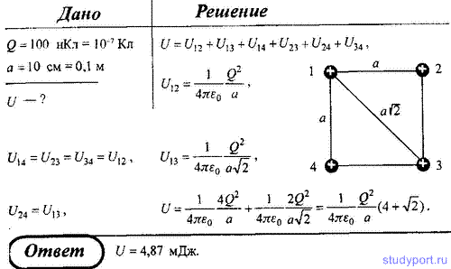 Четыре одинаковых заряда q. Направление напряженности поля в центре квадрата. Одинаковые заряды.